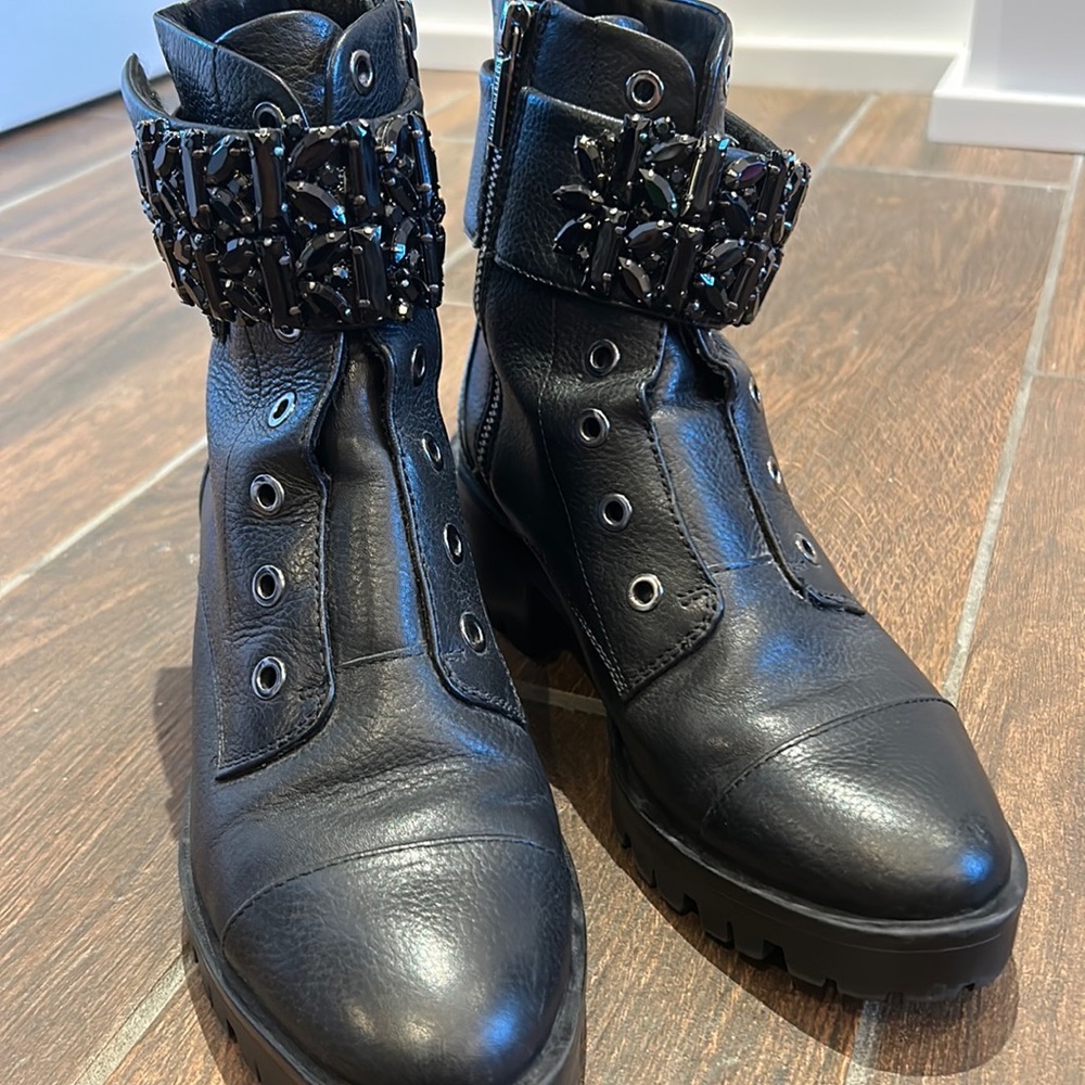 Karl Lagerfeld Pippa Black Leather Embellished Jeweled Combat Boots Ankle